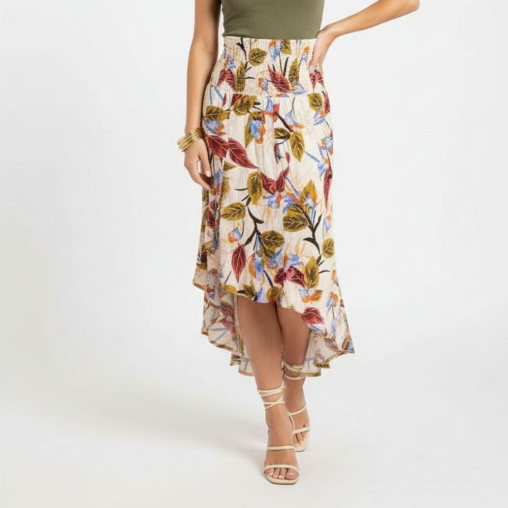 L Space Tan Floral Asymmetric Hem Midi Skirt Size M